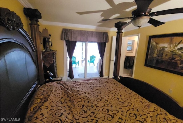 bedroom with ceiling fan, ornamental molding, and access to outside