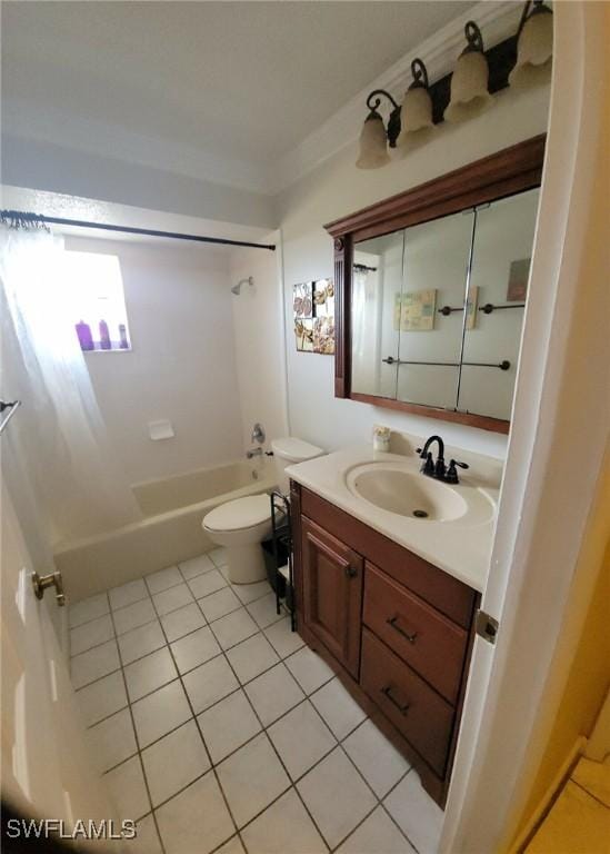 full bathroom with toilet, tile patterned floors, tub / shower combination, and vanity