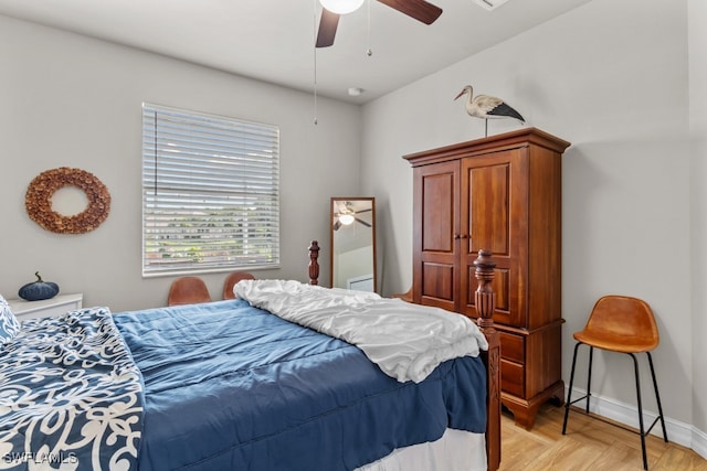 bedroom featuring ceiling fan and light parquet flooring