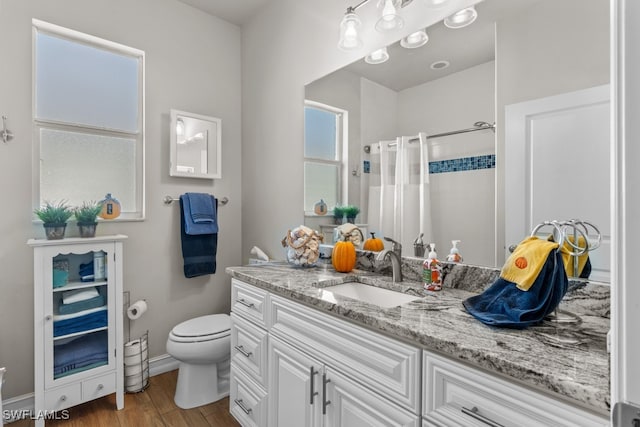 bathroom featuring a shower with shower curtain, vanity, toilet, and wood-type flooring