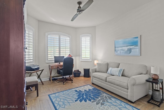 living room featuring parquet floors and ceiling fan