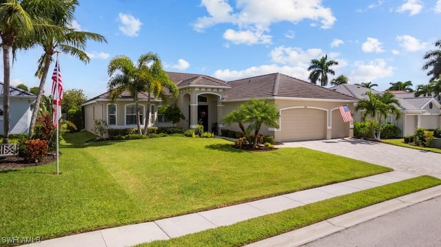 mediterranean / spanish-style home featuring a garage, a tile roof, decorative driveway, a front lawn, and stucco siding