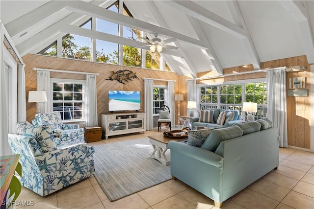 sunroom featuring vaulted ceiling with beams, ceiling fan, and a wealth of natural light