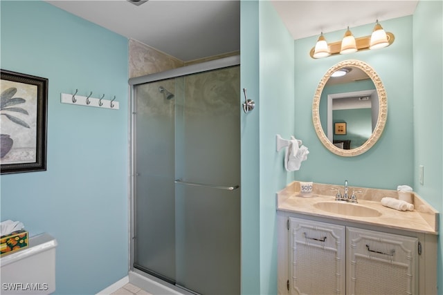 bathroom with tile patterned flooring, vanity, and an enclosed shower