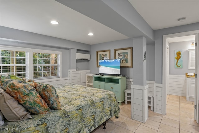 tiled bedroom with a wall unit AC