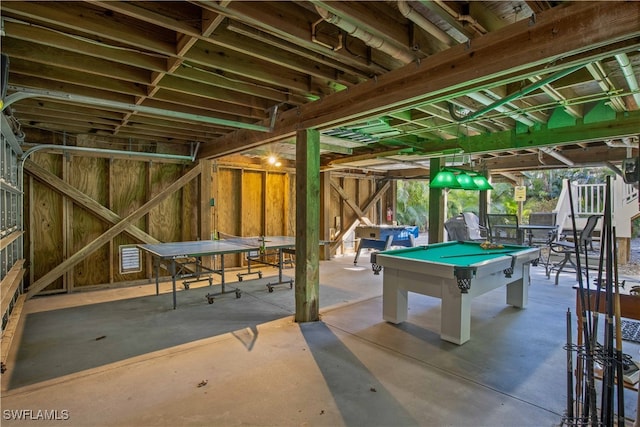 recreation room with billiards and concrete floors