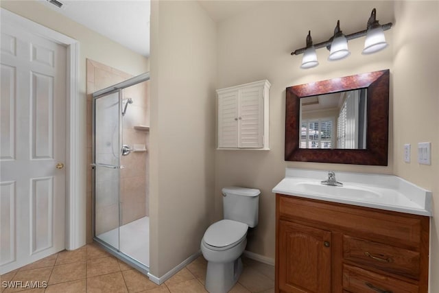 bathroom featuring tile patterned flooring, toilet, vanity, and walk in shower