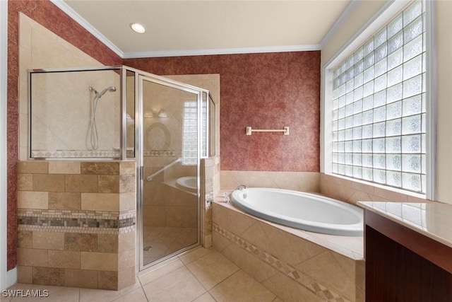 bathroom featuring tile patterned floors, vanity, crown molding, and plus walk in shower