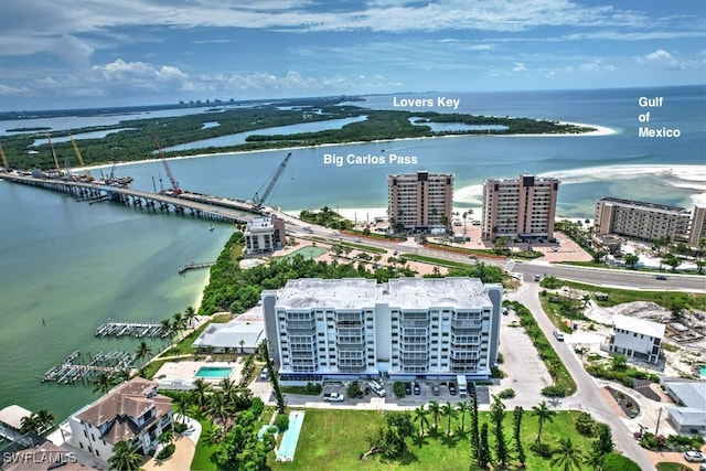 drone / aerial view featuring a water view