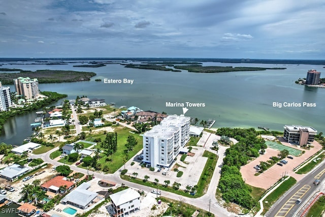 birds eye view of property featuring a water view