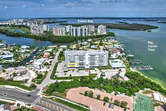 drone / aerial view featuring a water view