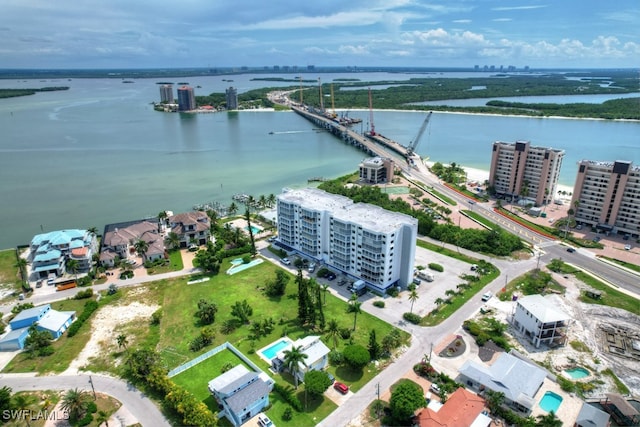 bird's eye view with a water view