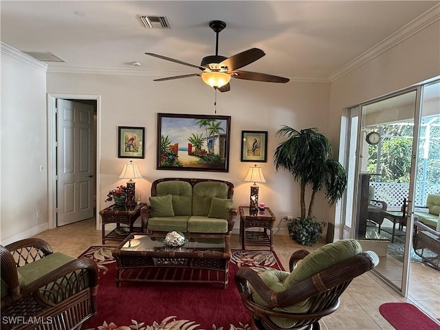 tiled living room with ceiling fan and ornamental molding