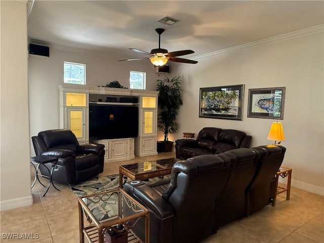 tiled living room featuring ceiling fan and ornamental molding