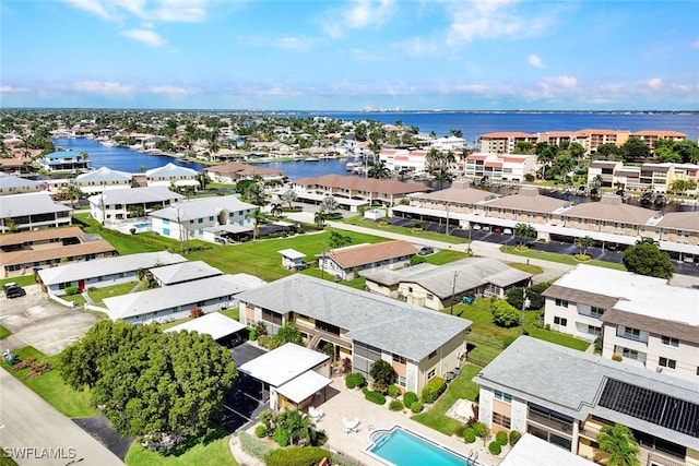 drone / aerial view with a water view