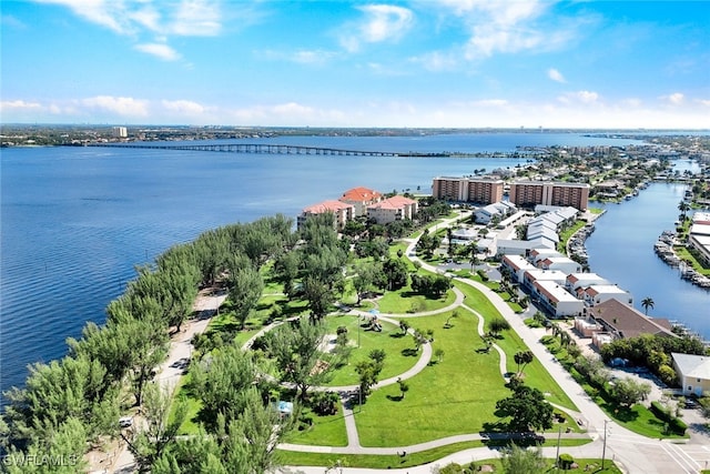 drone / aerial view featuring a water view