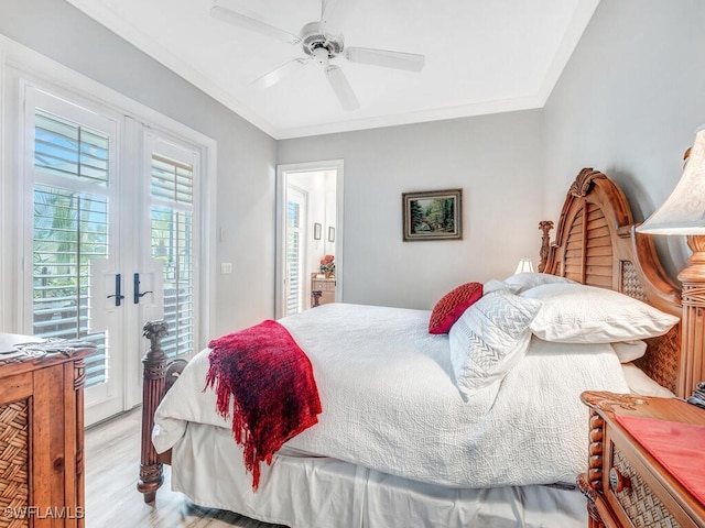 bedroom featuring ceiling fan, ornamental molding, french doors, access to exterior, and light hardwood / wood-style floors