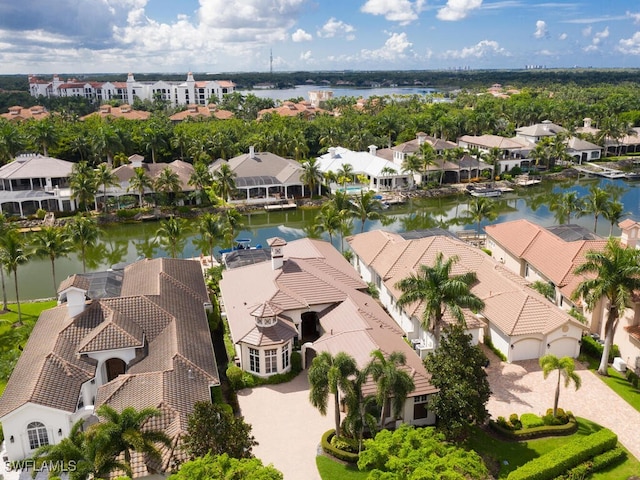 bird's eye view with a water view