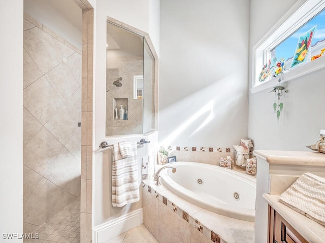 bathroom with shower with separate bathtub and tile patterned floors