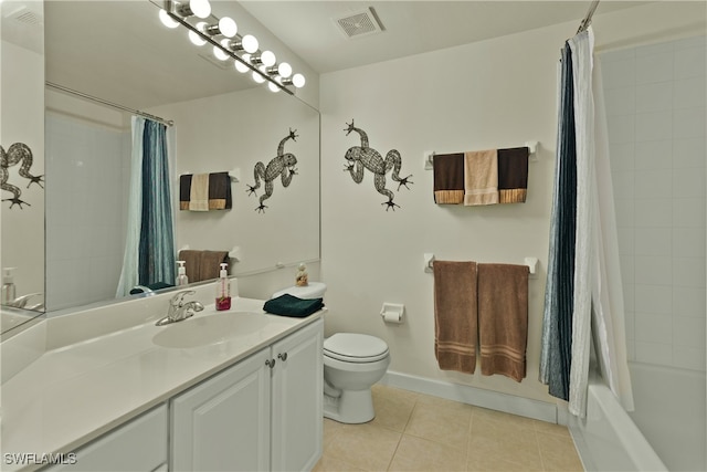 full bathroom with vanity, toilet, shower / bath combo, and tile patterned floors