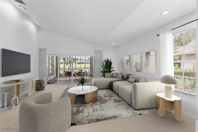 tiled living room featuring high vaulted ceiling