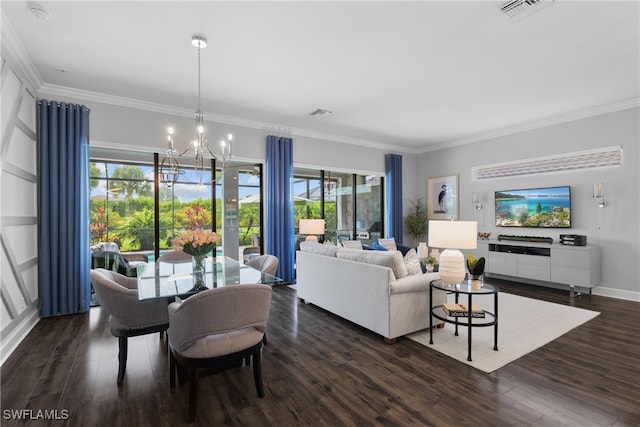 living room featuring ornamental molding, dark wood-type flooring, and plenty of natural light