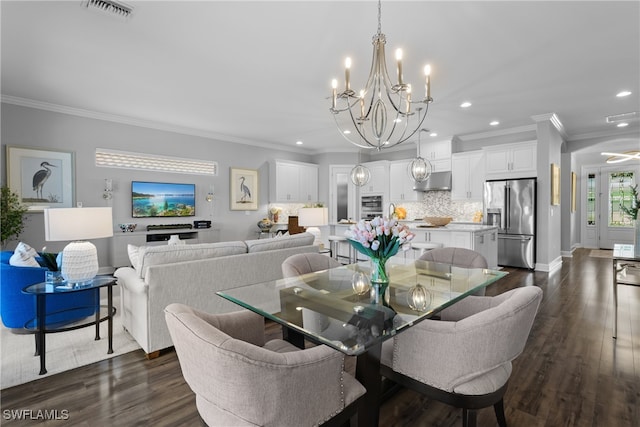 dining room featuring crown molding, dark hardwood / wood-style floors, and ceiling fan