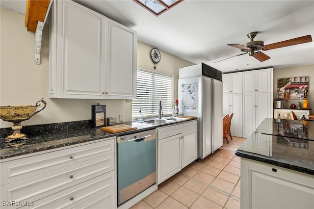 kitchen with white cabinets, ceiling fan, paneled refrigerator, stainless steel dishwasher, and sink