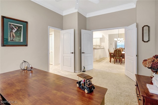 office space with crown molding, light colored carpet, and ceiling fan with notable chandelier