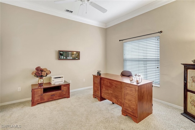 office space with crown molding, light carpet, and ceiling fan