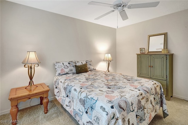 bedroom with light colored carpet and ceiling fan