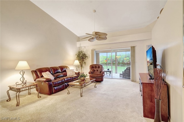 carpeted living room featuring high vaulted ceiling and ceiling fan