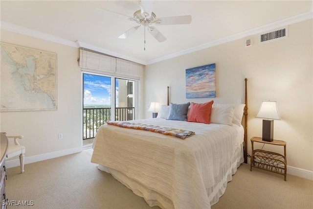 bedroom with ceiling fan, access to exterior, ornamental molding, and light carpet