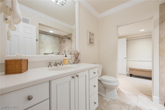 bathroom with vanity, a shower with door, crown molding, tile patterned flooring, and toilet