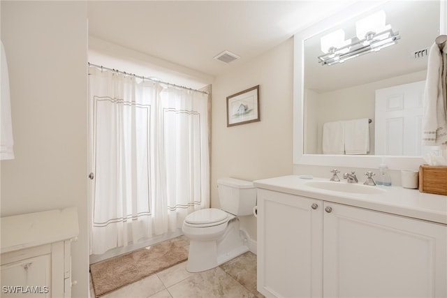 full bathroom with tile patterned flooring, vanity, shower / tub combo with curtain, and toilet