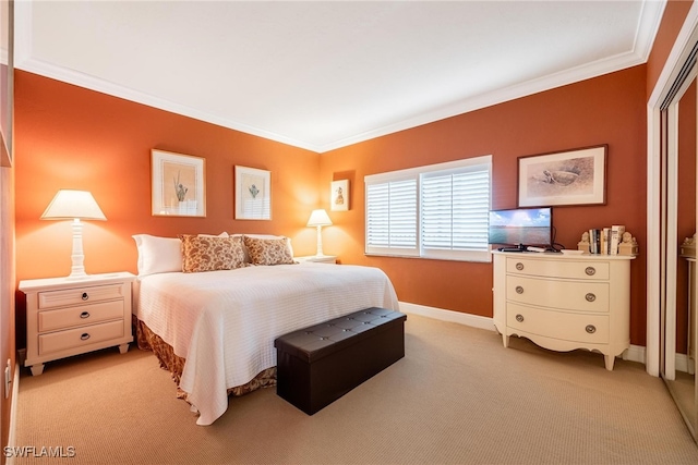 bedroom with light colored carpet and ornamental molding