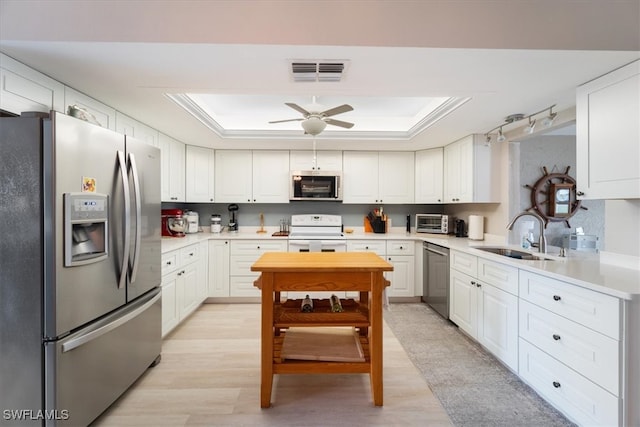 kitchen with appliances with stainless steel finishes, white cabinetry, a tray ceiling, ceiling fan, and sink