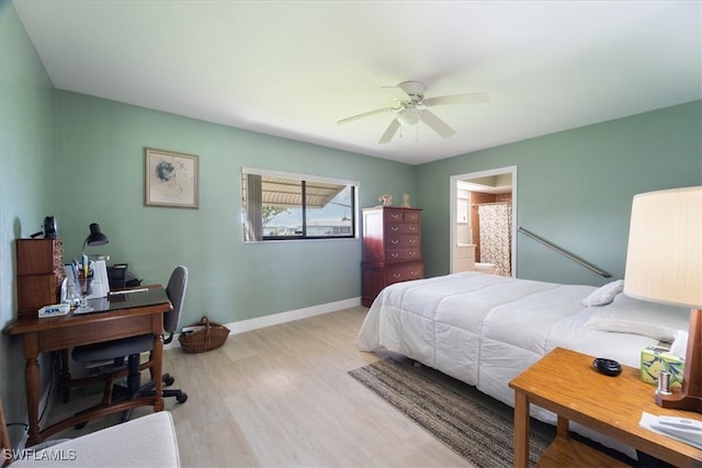 bedroom featuring light wood-type flooring and ceiling fan