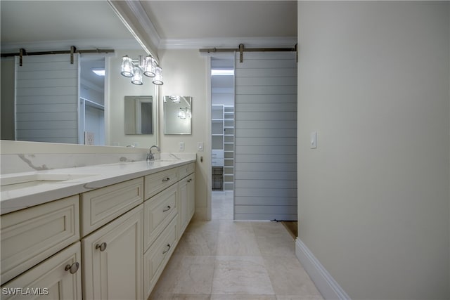 bathroom featuring vanity, wood walls, and crown molding