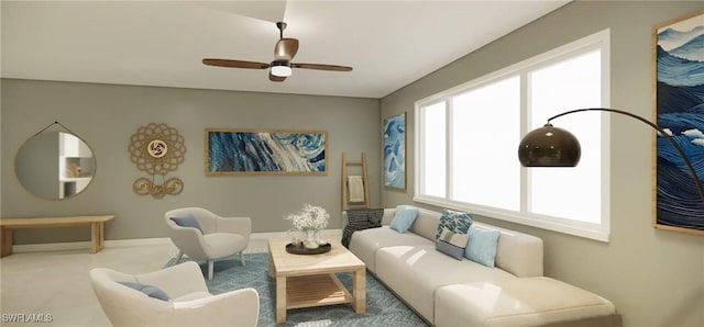 living room featuring plenty of natural light and ceiling fan