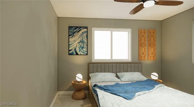 bedroom with radiator and ceiling fan