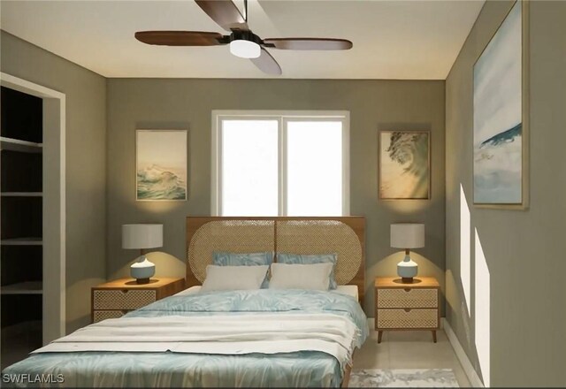 tiled bedroom featuring ceiling fan