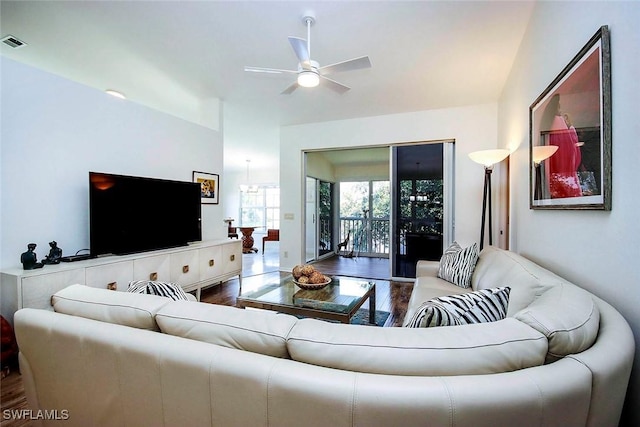 14850 Crystal Cove Ct Unit 402, Fort Myers, FL 33919 - living area with ceiling fan, wood finished floors, and visible vents