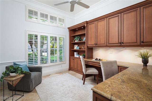 tiled office with crown molding and ceiling fan