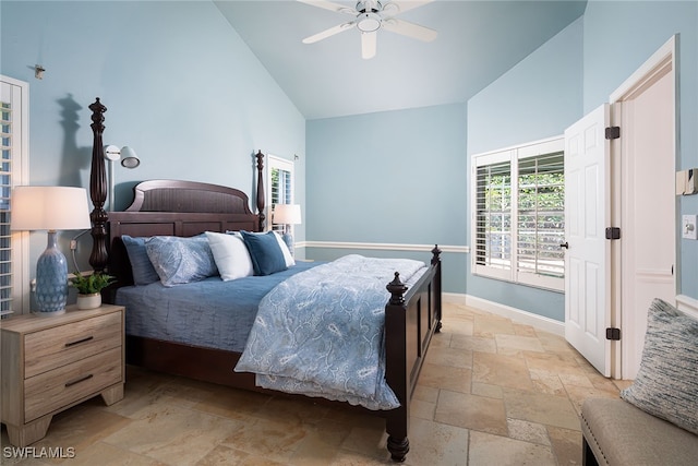 bedroom featuring high vaulted ceiling and ceiling fan