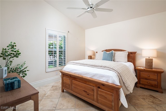 bedroom with ceiling fan and vaulted ceiling