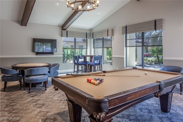 playroom featuring vaulted ceiling with beams, an inviting chandelier, and billiards