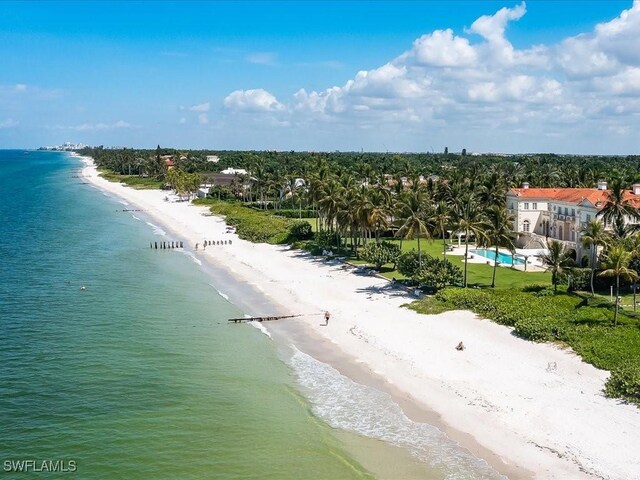 bird's eye view featuring a water view and a view of the beach