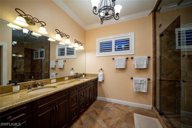 bathroom featuring a chandelier, tile patterned flooring, ornamental molding, vanity, and an enclosed shower