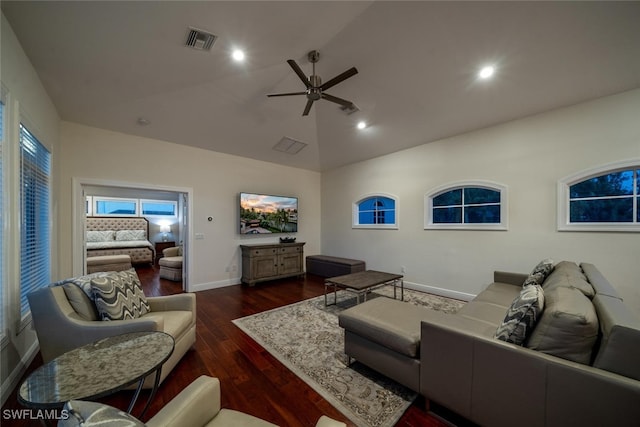 living room with high vaulted ceiling, dark wood-type flooring, and ceiling fan